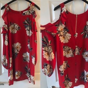 Red Floral shirt / dress with cold shoulder sleeve